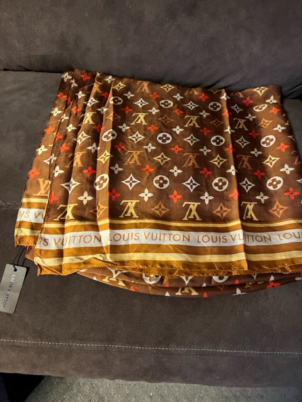 Louis Vuitton Brown Monogram Scarf with Orange & Cream Motifs - Picture 2 of 2